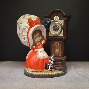 Vintage 1975 Hand Painted Ceramic Girl Grandfather Clock Cat Figurine 1970s